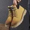Botas Amarelas Grandes Mais Vendidas Botas de Trabalho Masculinas Outono Inverno Biqueira Larga Botas Martin para Motociclista Solado Grosso Masculino Aveludado Espesso Cano Alto Sapatos Masculinos
