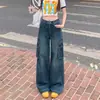 26 jeans de trabajo vintage color azul lavado para mujer, nuevos pantalones rectos de pierna ancha de cintura alta retro americano, admite envío directo