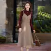 Conjunto de Falda de Dos Piezas de Moda Francesa para Mujer 2025 Otoño Nuevo Estilo Retro Cuadros Manga Larga Falda con Tirantes Conjunto de Dos Piezas