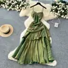 Estilo Francés Estilo Diosa Diseño Cuello Cuadrado Sin Tirantes Correa Cintura Plisada Vestido con Volantes Vestido de Mujer