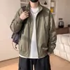 Chaqueta bomber azul oscuro con cuello alto para hombre, otoño, estilo callejero holgado, chaqueta de béisbol genial, top deportivo casual moderno