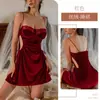 Camisola Sexy de Renda Pura Realçadora de Seios Roupa de Dormir Textura de Veludo Design com Cordão Saia Curta Roupa de Casa Pijama