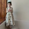Vestido Regata Floral Amarelo Novo Verão 2026 Estilo Coreano Vestido Longo Doce de Princesa para Menininha