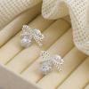Pendientes de Bola de Diamantes Completos con Lazo de Temperamento Fresco y Dulce, Aretes de Clip para Orejas sin Perforar para Mujer, Pendientes de Botón de Moda