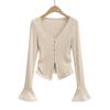 Cárdigan elegante de punto puro para chica sexy con cuello en V y manga acampanada para mujer 2023 Otoño Nuevo ajustado abotonado adelgazante camiseta de manga larga