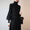 Vestido de Lã/Roupa de Hong Kong e Americana para Mulheres, Estilo Outono e Inverno, Mangas Lanterna, Vestido Longo Evasê Acima do Joelho