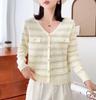 Estilo Chanel Otoño Cuello en V Estilo Coreano Corte Delgado Diseño Versátil Camisa de Punto Rayada Fantasía Camisa Básica de Manga Larga Moda para Mujer