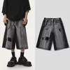 Verano Estilo Americano Rasgado Cropped Mezclilla Hombres Pierna Ancha Streetwear Lavado Retro Gradiente de Color Bloqueo de Color de Moda Marca