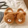 Chinelos de pelúcia de algodão femininos para outono e inverno, design fofo de urso, chinelos quentes peludos antiderrapantes de sola grossa para casa, para casais