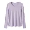 Camiseta sencilla de doble capa con cuello en U hecha de Lyocell Tencel y lana, nueva camiseta básica casual de otoño para mujer, corte ajustado