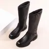 Botas de cuero exclusivas transfronterizas 2025 primavera y otoño nuevas cremallera tacón bajo botas altas estilo europeo y americano botas de jinete botas altas