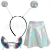 Disfraz de Vestido de Alienígena de Halloween Set de Vestido de Princesa Plateado Láser Lindo Accesorios para el Cabello Gafas Nacimiento para Niños
