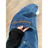 Pantalones de Diseño Bordados de Pierna Ancha Estilo Cimitarra para Mujer, Nuevo Estilo Verano, Jeans Retro Americano Azules de Cintura Alta Sueltos Adelgazantes para Mujer