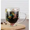 Vaso de Café de Doble Capa con Flores Secas Resistente al Calor Anti-quemaduras Flor Real Transparente para Latte Leche con Asa Vaso de Agua Simple para el Hogar