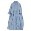 Vestido de Color Sólido Estilo Mori Nuevo de Primavera y Otoño, Manga Larga de Nueve Puntos Cintura Alta Acampanado Holgado Cómodo Cárdigan Vestido Largo de Algodón Lino