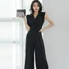 2026 Verano Nuevo Estilo Coreano Elegante Ajustado Cuello de Solapa Ceñido a la Cintura Pantalones de Pierna Ancha Moda Profesional Mono Negro