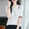 Nueva Camisa de Punto con Cuello Polo de Seda Helada Manga Corta Botones de Colores Bloque de Color Base Camiseta Top