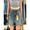 Comercio transfronterizo finos shorts de mezclilla rotos de cinco puntas con forma de pera para mujer con figura robusta, azules, de cintura alta para verano, adelgazantes