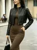 Jaqueta curta elegante slim-fit de PU com gola alta, zíper frontal e rebites metálicos, transfronteiriça europeia e americana Amazon AliExpress