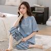 Pijama Transfronterizo para Mujer Verano Manga Corta Pantalón Recortado Jersey Cuello Redondo Estampado para Mujer Primavera y Otoño Traje de Ropa de Casa Ancho