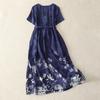 En Stock Verano Nuevo Algodón y Lino Estampado Reductor de Edad Cuello Redondo Manga Corta Longitud Media para Viajar Artístico Simple Vestido Largo
