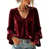 2026 Outono e Inverno Transfronteiriço Europeu e Americano Novo Camisa Feminina Versátil de Veludo com Gola V Plissada Solta Cor Sólida Manga Longa Amazon