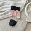 Meias Femininas Grossas para Outono e Inverno, Nuvem Quente de Veludo, Fair Isle, Listradas Rosa com Laço, Modernas, Doces, Versáteis, de Cano Médio