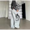 Calça de Moletom com Padrão de Rua Americano Transfronteiriço para Mulheres, Calça Solta Retrô para Mulheres, Tiras Estampadas, Calça Casual Hip-Hop para Mulheres