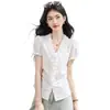Ropa de Moda para Mujer de Comercio Exterior en Stock: Elegante Blusa de Rayas con Mangas Abullonadas, Nuevo Estilo Coreano de Verano con Cuello de Encaje y Mangas Cortas que Ceñen la Cintura
