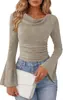 Camiseta de manga larga de punto acanalado con microcampana y cuello redondo, nueva moda de otoño/invierno europea y americana, estación independiente de Amazon transfronteriza
