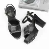 Sandalias de tacón grueso estilo coreano para mujer con punta abierta de lentejuelas y plataforma de hebilla