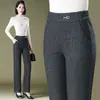 1007 Calça de Sarja Xadrez Wide-leg Primavera e Outono Calça Reta para Meia-idade Calça Solta para Mãe plus size Listrada Casual Calça Feminina para Meia-idade