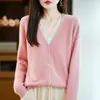 Cardigan de lã 100% pura com decote em V estilo simples, duas peças falsas para mulheres, casaco suéter solto, macio e felpudo, malha de cashmere versátil