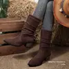 Novas Botas Retro de Cano Médio com Cadarço Grande Tamanho para Mulheres Outono 2025 Novo Salto Quadrado Camurça Botas de Equitação Amazon