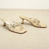 Estilo Vacaciones de Verano 2025 Sandalias Romanas de Tiras Finas Doradas Estilo Francés Hermosos Tacones Altos Stiletto Sandalias de Punta Cuadrada para Mujer