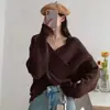 Suéter de Color Sólido para Mujer con Cuello en V Cruzado, Nuevo Estilo Otoño/Invierno 2026, Corte Holgado, Diseño Simple, Tejido de Punto de Manga Larga