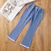 Calça Jeans Feminina 2026 Nova Coleção Primavera e Outono Infantil Super Macia Elástica Calça Comprida Estilosa Calça Flare Feminina com Renda