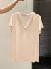 Camiseta Ligera de Lyocell Tencel con Cuello en V y Hombro Derecho para Mujer Verano Holgada Aspecto Adelgazante Versátil Estilo Ins Mangas Cortas