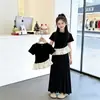 Conjunto de Camiseta Patchwork Estilo Francês para Meninas, Novo Estilo de Verão para Crianças Maiores, Conjunto de Saia Irregular com Babados Plissados