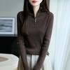 2025 Nuevo Otoño e Invierno Lana Peinada Cuello Alto Medio Cierre Tejido de Punto Manga Larga para Mujer Look Adelgazante Color Puro Top