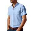 Camisa Masculina de Linho Amazon Transfronteiriça Manga Curta Gola Reversível Corte Solto Casual com Bolso Camisa de Verão Masculina 95% Linho Toque Fresco