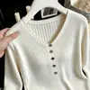 Nuevo Top de Punto de Manga Tres Cuartos con Cuello en V para Otoño 2026 Camisa Básica de Principios de Otoño para Mujer