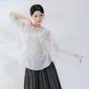 Nueva camisa de estilo chino con cuello redondo, cordón y manga larga para mujer, ropa de práctica de danza clásica estilo nacional, top de baile entallado a la cintura