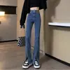 Calça jeans preta dividida para mulheres primavera e outono 2023, nova calça pequena de cintura alta, justa e justa, micro alargada