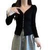 Cárdigan de encaje tejido con mangas abullonadas para mujer en otoño, puro deseo, dulce y sexy, cuello en V, top francés, camisa base ajustada de manga larga