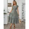 Vestido Feminino Casual Estilo Resort de Verão e Primavera 2026, Estilo Europeu e Americano, Estampado, Manga Curta, Barra Larga, Saia Midi Evasê