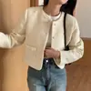 Chaqueta corta de moda estilo retro chic coreano con cuello redondo, botones de perla, bolsillo con lazo para mujer 19382
