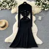 Comercio Exterior Transfronterizo Vestido de Punto Elegante de Solapa Larga y Manga Larga con Hebilla Metálica en la Cintura para Otoño Falda Midi Adelgazante
