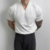 Camiseta de punto de manga corta con cuello en V para hombre, verano, fina, estilo coreano, alta calidad, estilo ligeramente maduro, color liso simple, transpirable