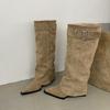 Botas de Tacón de Cuña con Punta Aguda de Ante y Pelo Hasta la Mitad de la Pantorrilla Botas de Jinete Zapatos de Mujer Otoño e Invierno 2025 Botas Largas Ajustadas